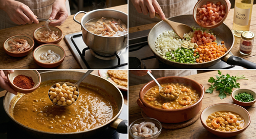 Preparación de garbanzos con langostinos paso a paso